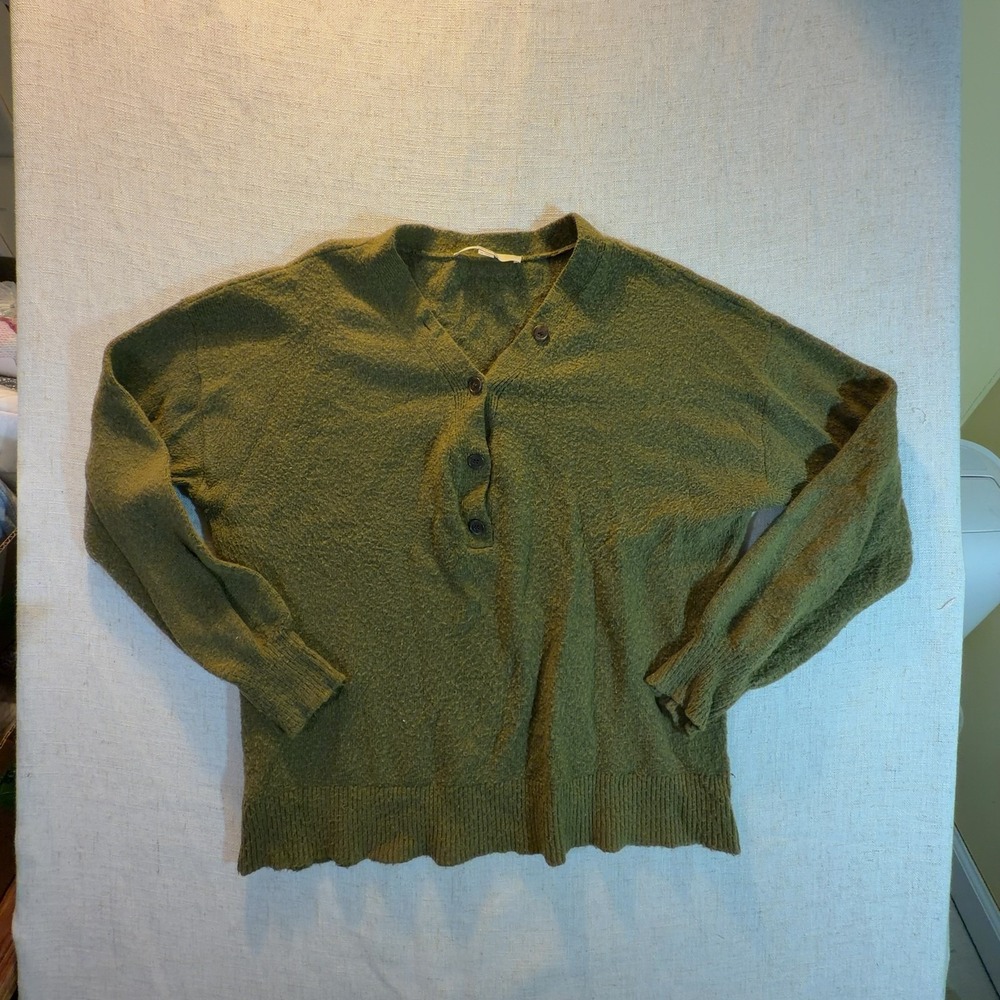 LOFT Henley Sweater Boucle Knit Olive Green Long Sleeve Women's Size Medium